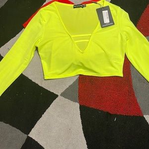 Neon green crop top skirt set from Prettylittlething